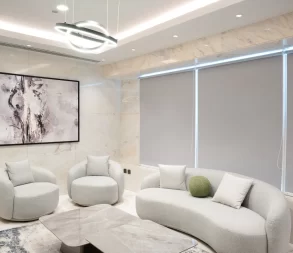 Stylish and comfortable office lounge with modern furniture and decor.