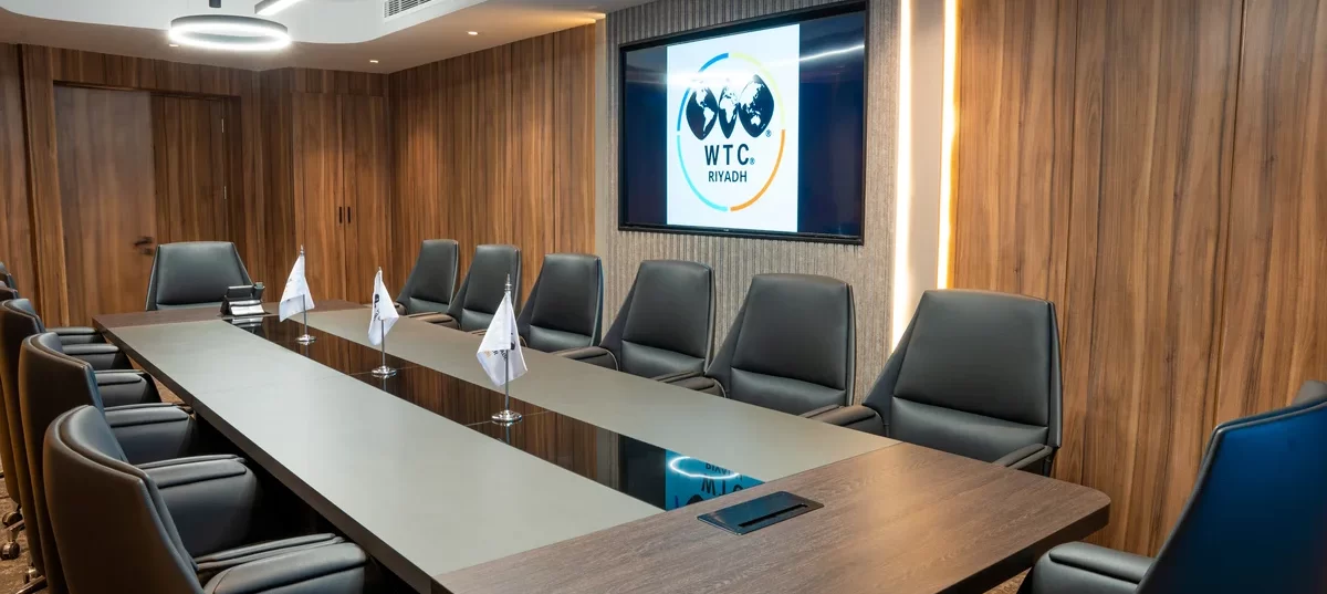 Professional conference room at WTC Riyadh featuring premium seating and advanced AV systems.