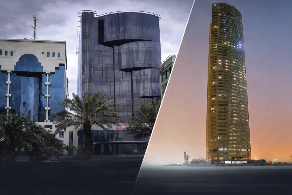 Futuristic high-rise buildings in Riyadh featuring glass exteriors and vibrant lighting.
