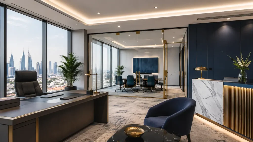 Premium modern serviced office in Riyadh with furnished private office, reception area, and meeting room