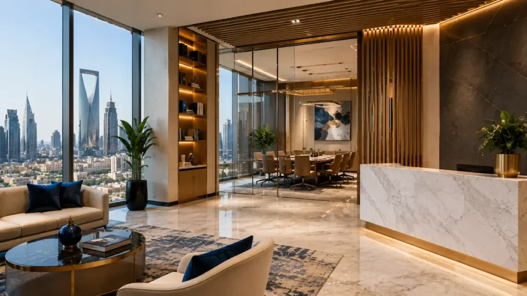 Premium World Trade Center business lobby in Riyadh with modern meeting room and city skyline