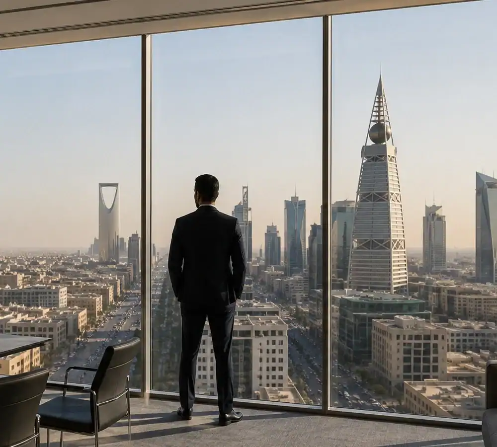 Businessman viewing the Riyadh skyline from a modern office space in Riyadh at World Trade Center Riyadh