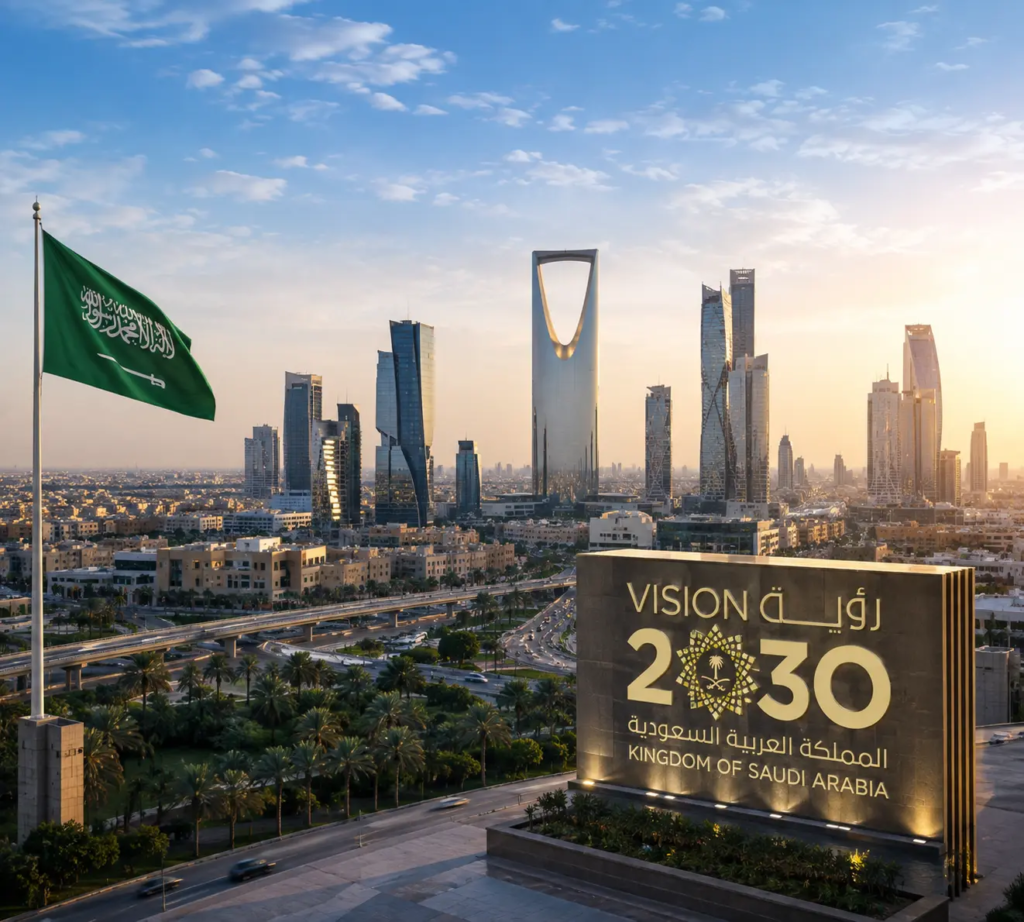 Riyadh skyline with Kingdom Tower and the Saudi flag at sunset, illustrating Vision 2030 business opportunities in Saudi Arabia